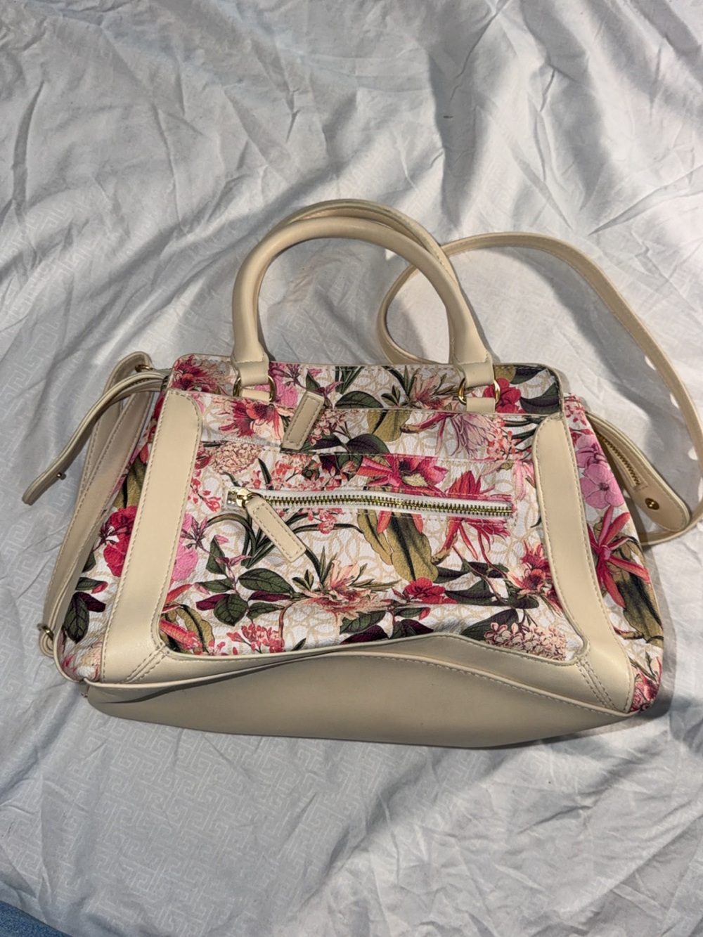 Floral Canvas Satchel Handbag in Cream and Pink